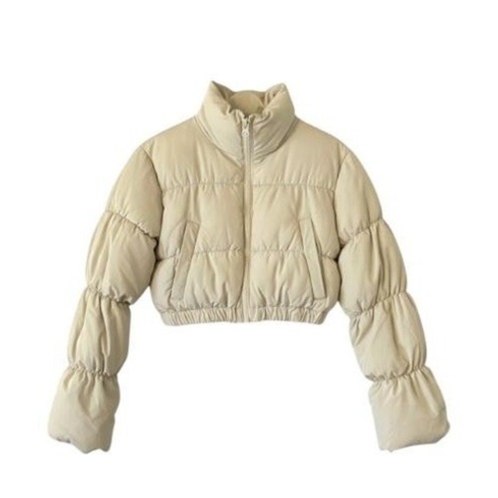H&M Puffer Jacket Sz XS Beige Cropped Bubble Sleeve Zip Up Funnel Neck Coat